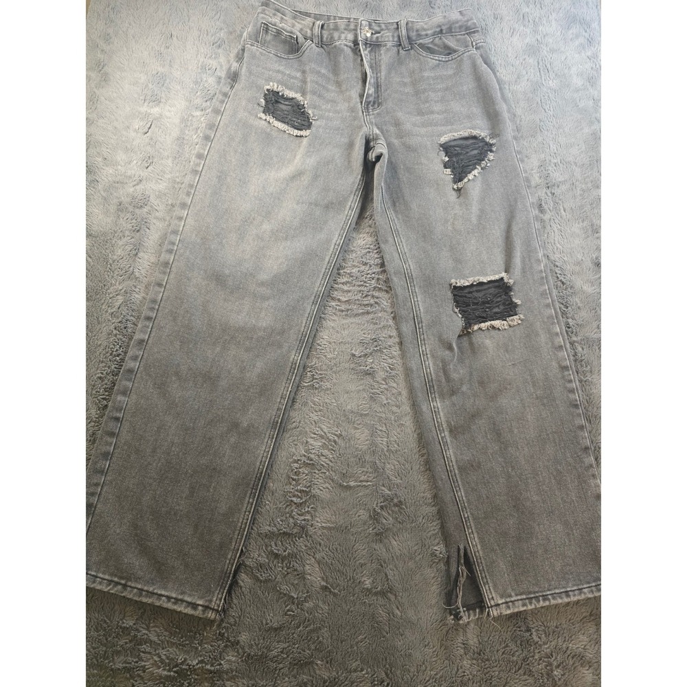 White Fox Distressed Wide Leg Jeans Charcoal Gray Frayed Split Hem Large